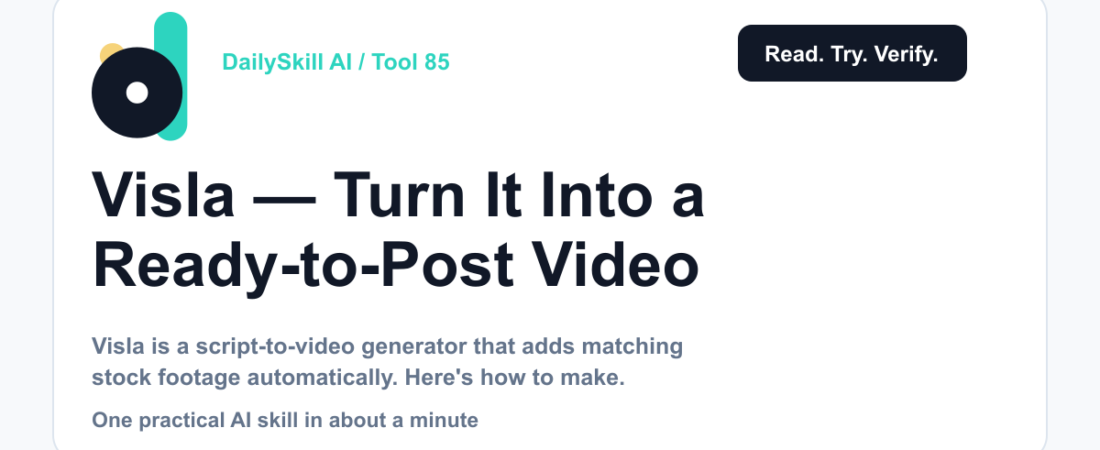 Visla — Turn a Written Script Into a Ready-to-Post Video — DailySkill AI challenge card with an abstract brand illustration