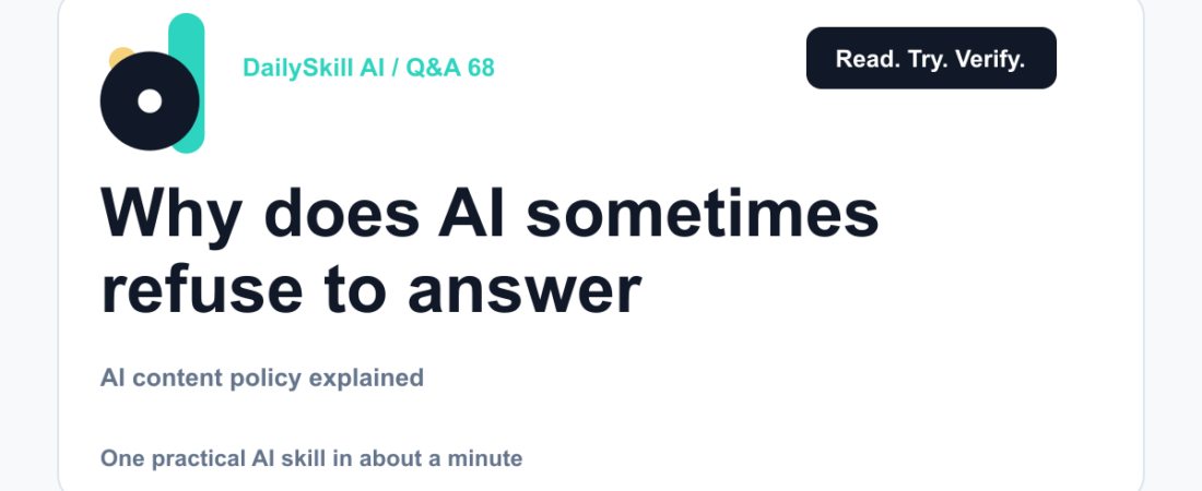 Why does AI sometimes refuse to answer my questions? — DailySkill AI challenge card with an abstract brand illustration