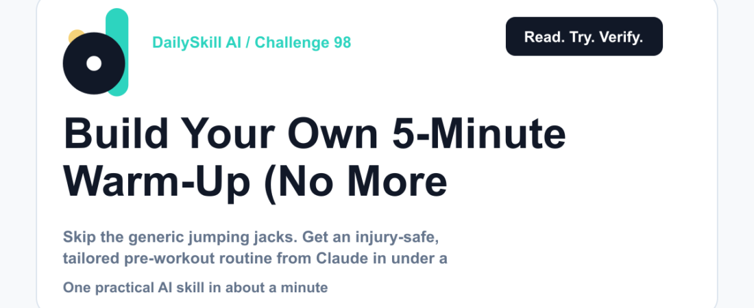 Build Your Own 5-Minute Warm-Up (No More Guessing With Jumping Jacks) — DailySkill AI challenge card with an abstract brand illustration