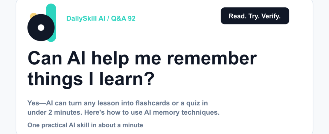 Can AI help me remember things I learn? — DailySkill AI challenge card with an abstract brand illustration