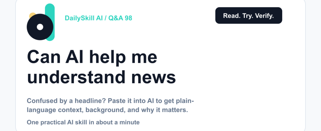 Can AI help me understand news or current events? — DailySkill AI challenge card with an abstract brand illustration