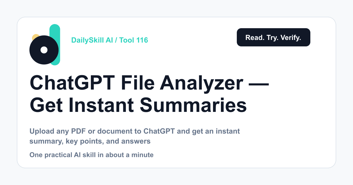 ChatGPT File Analyzer — Get Instant Summaries From Any PDF or Doc — DailySkill AI challenge card with an abstract brand illustration
