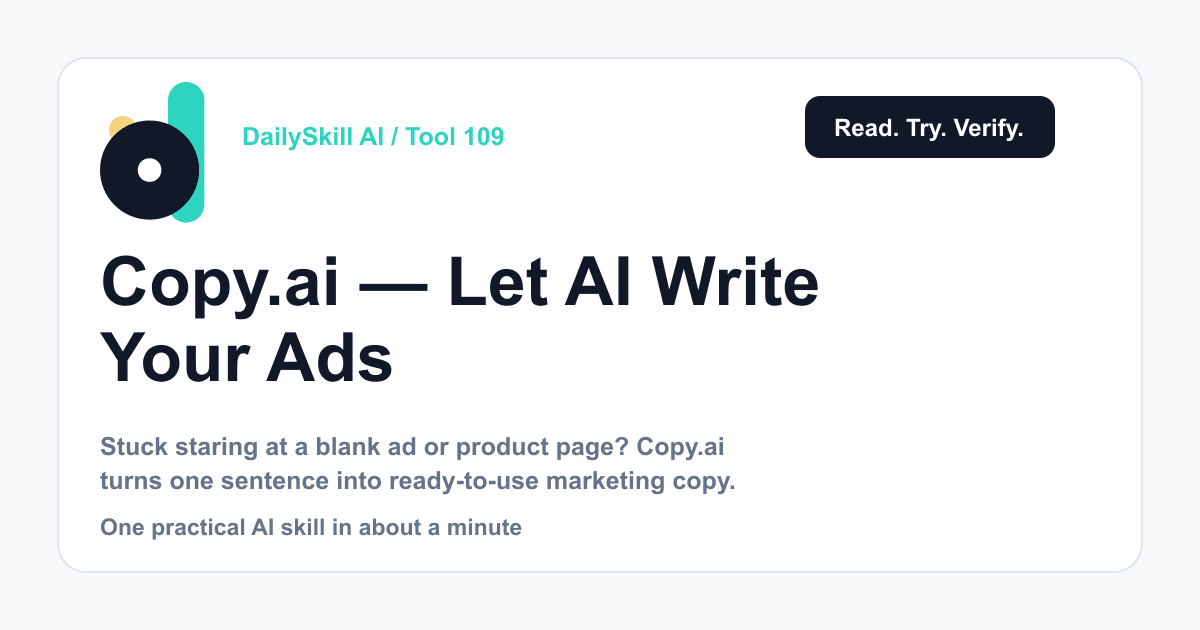 Copy.ai — Let AI Write Your Ads, Emails, and Product Descriptions — DailySkill AI challenge card with an abstract brand illustration