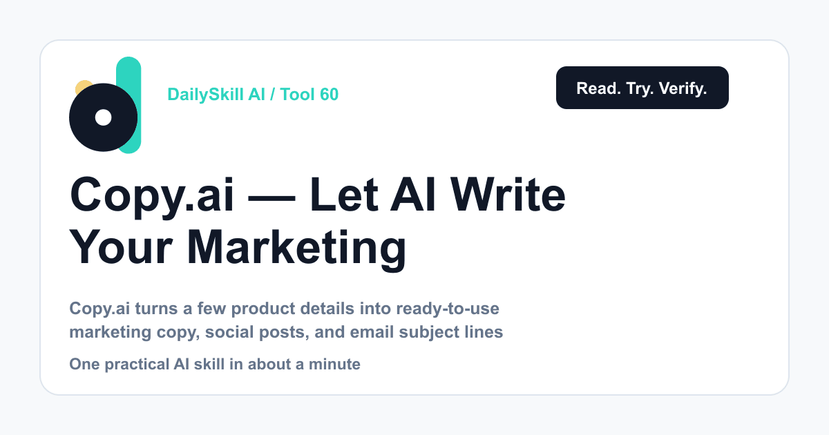 Copy.ai — Let AI Write Your Marketing Copy While You Sip Coffee — DailySkill AI challenge card with an abstract brand illustration
