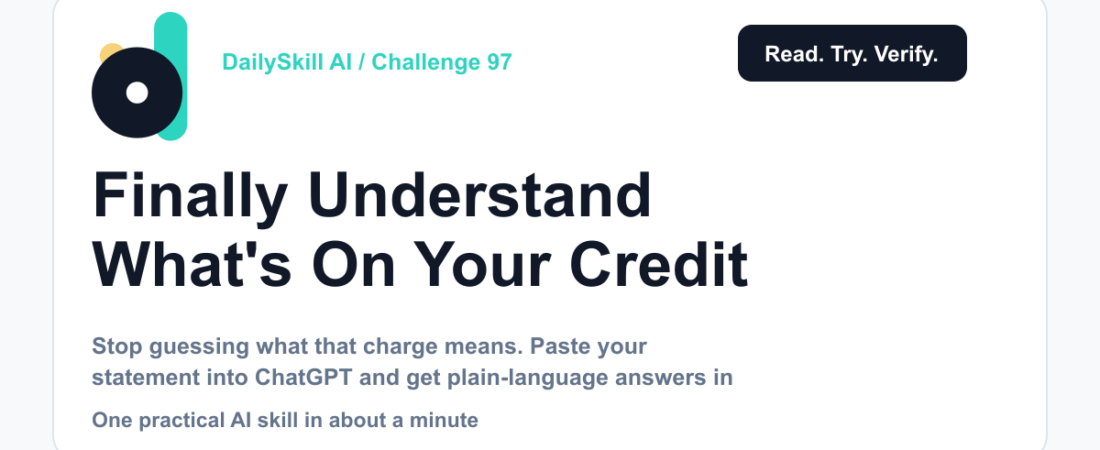 Finally Understand What's On Your Credit Card Statement — DailySkill AI challenge card with an abstract brand illustration