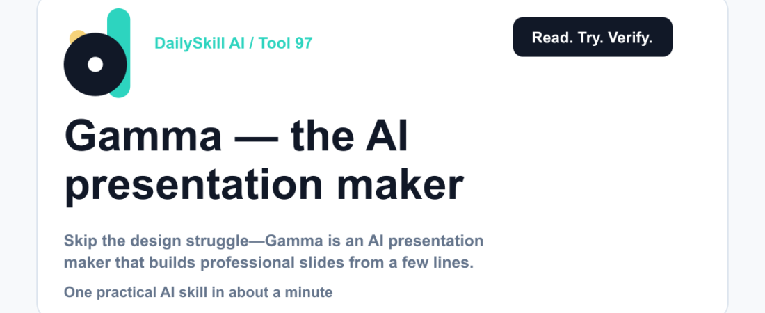 Gamma — the AI presentation maker that builds your slides for you — DailySkill AI challenge card with an abstract brand illustration