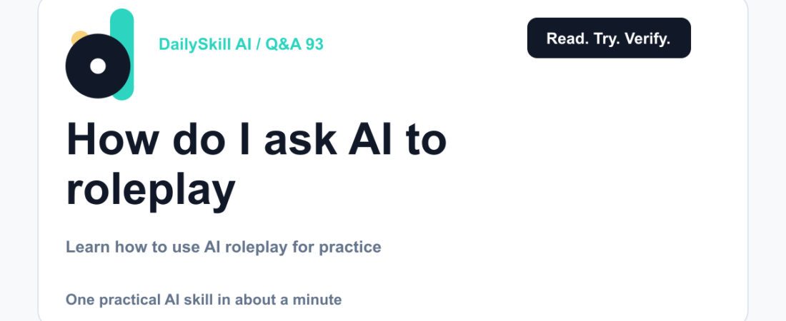 How do I ask AI to roleplay or simulate a scenario? — DailySkill AI challenge card with an abstract brand illustration