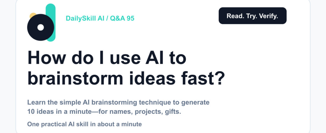 How do I use AI to brainstorm ideas fast? — DailySkill AI challenge card with an abstract brand illustration