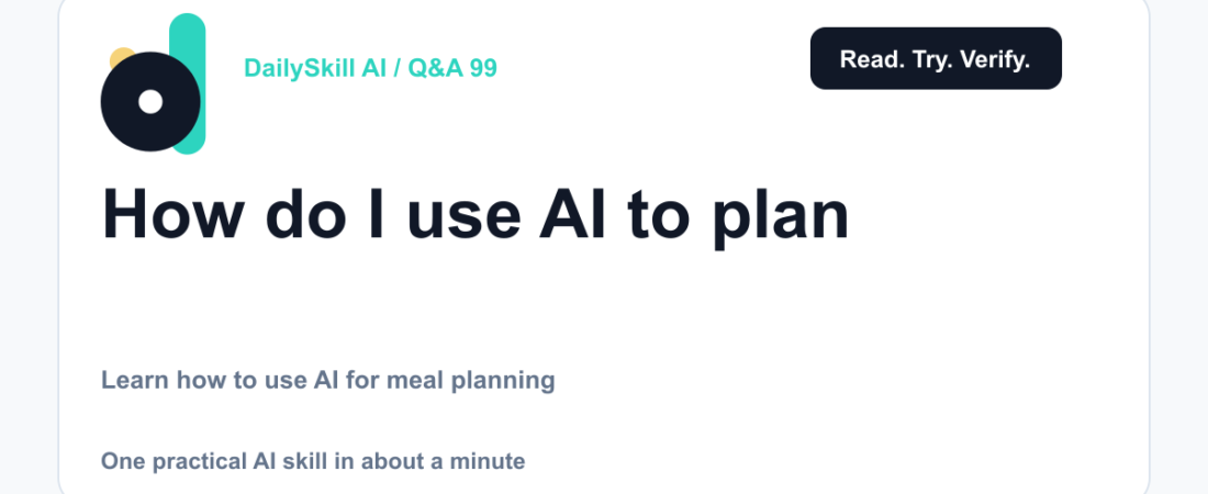 How do I use AI to plan a meal or grocery list? — DailySkill AI challenge card with an abstract brand illustration