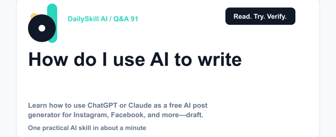 How do I use AI to write a social media post? — DailySkill AI challenge card with an abstract brand illustration