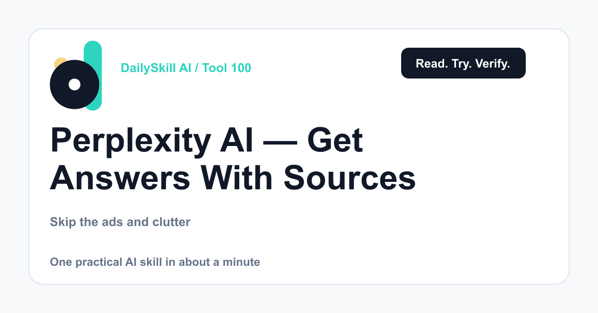 Perplexity AI — Get Answers With Sources, Not a Pile of Links — DailySkill AI challenge card with an abstract brand illustration