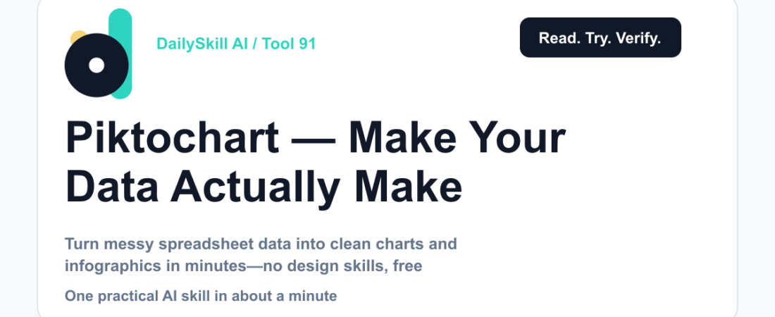 Piktochart — Make Your Data Actually Make Sense — DailySkill AI challenge card with an abstract brand illustration