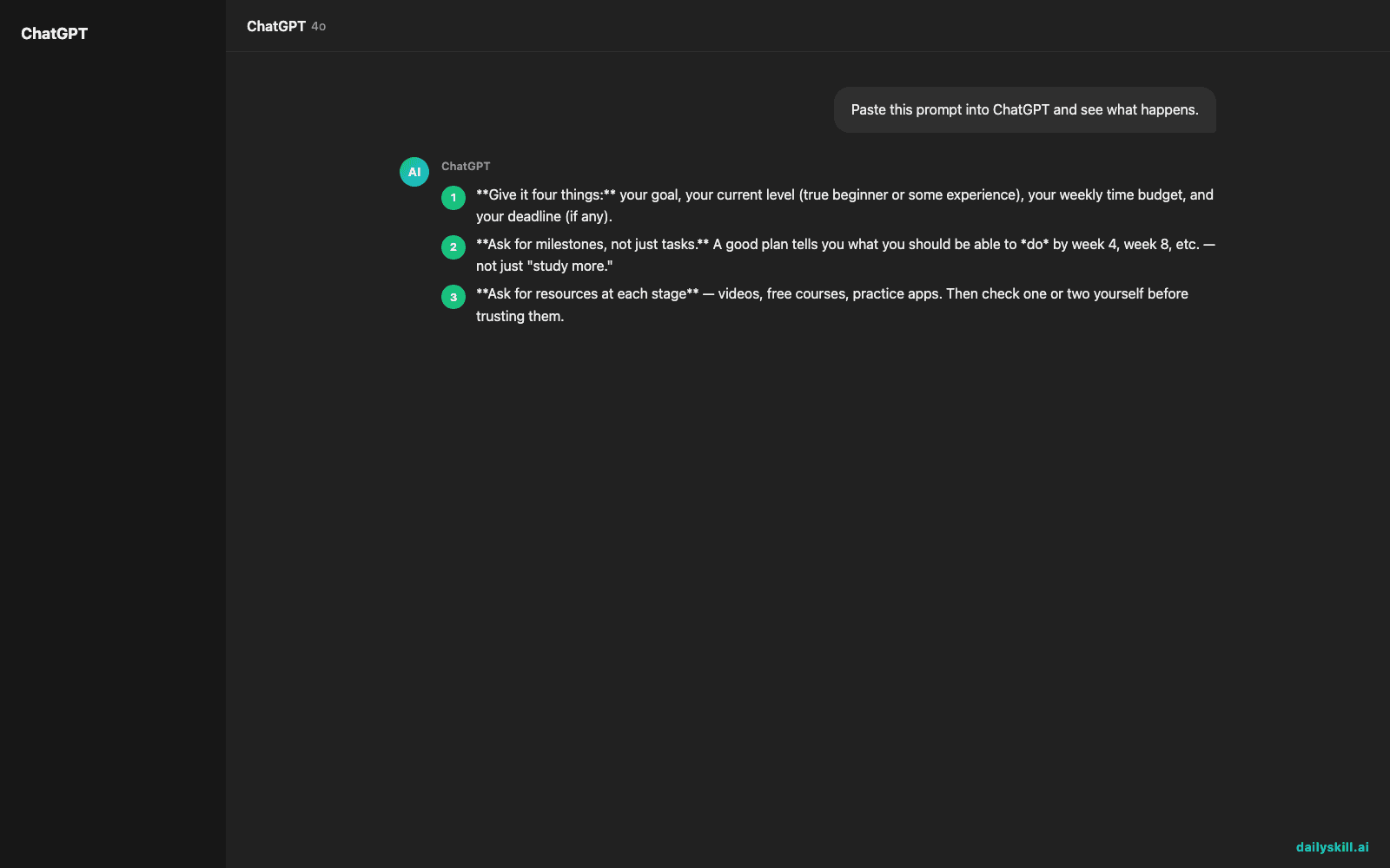 Can AI create a learning plan to help me pick up a new skill? — Expected AI result visual