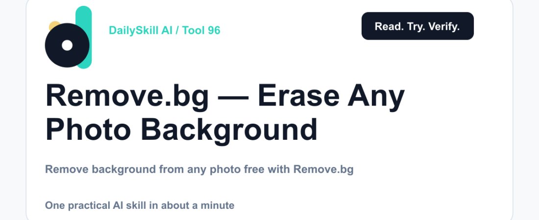 Remove.bg — Erase Any Photo Background in One Click — DailySkill AI challenge card with an abstract brand illustration