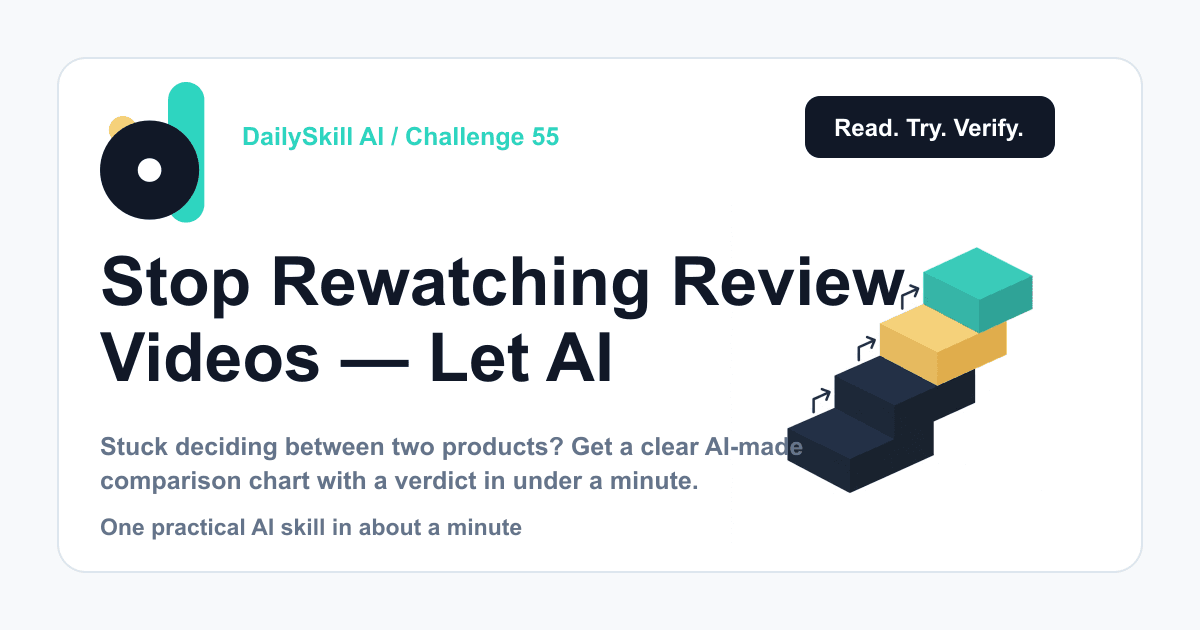 Stop Rewatching Review Videos — Let AI Build Your Comparison Chart — DailySkill AI challenge card with three ascending step blocks connected by arrows
