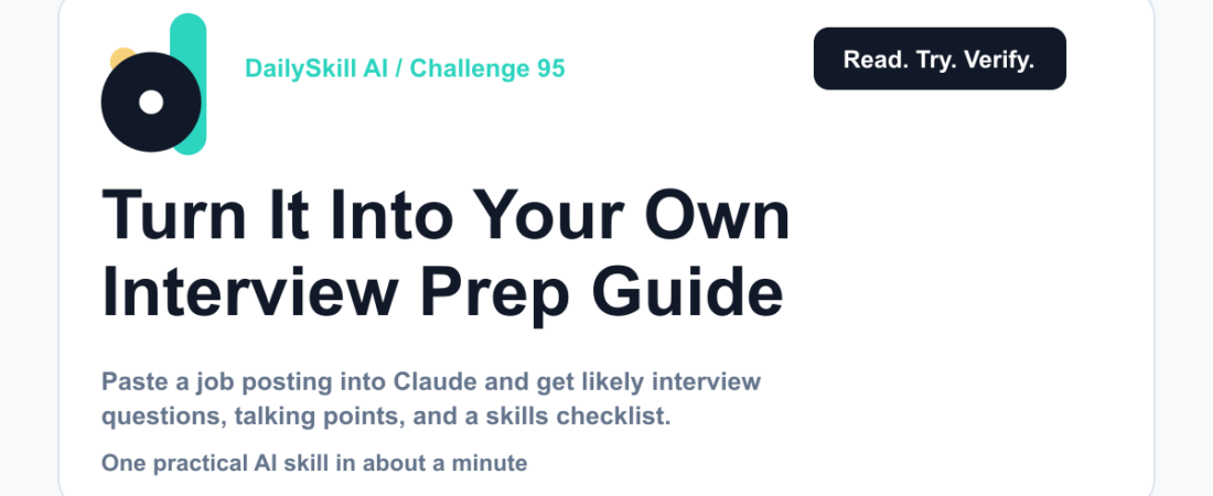 Turn a Job Posting Into Your Own Interview Prep Guide — DailySkill AI challenge card with an abstract brand illustration