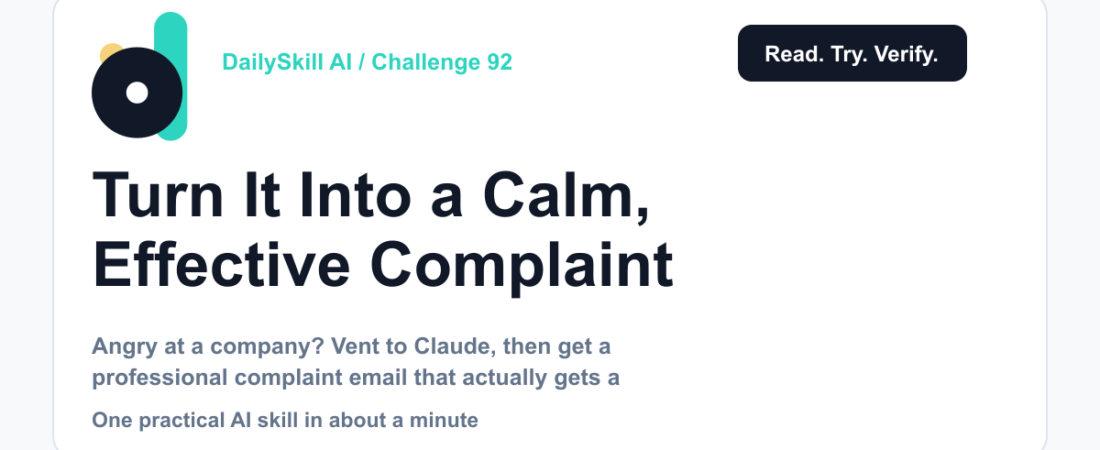Turn Your Angry Rant Into a Calm, Effective Complaint Email — DailySkill AI challenge card with an abstract brand illustration