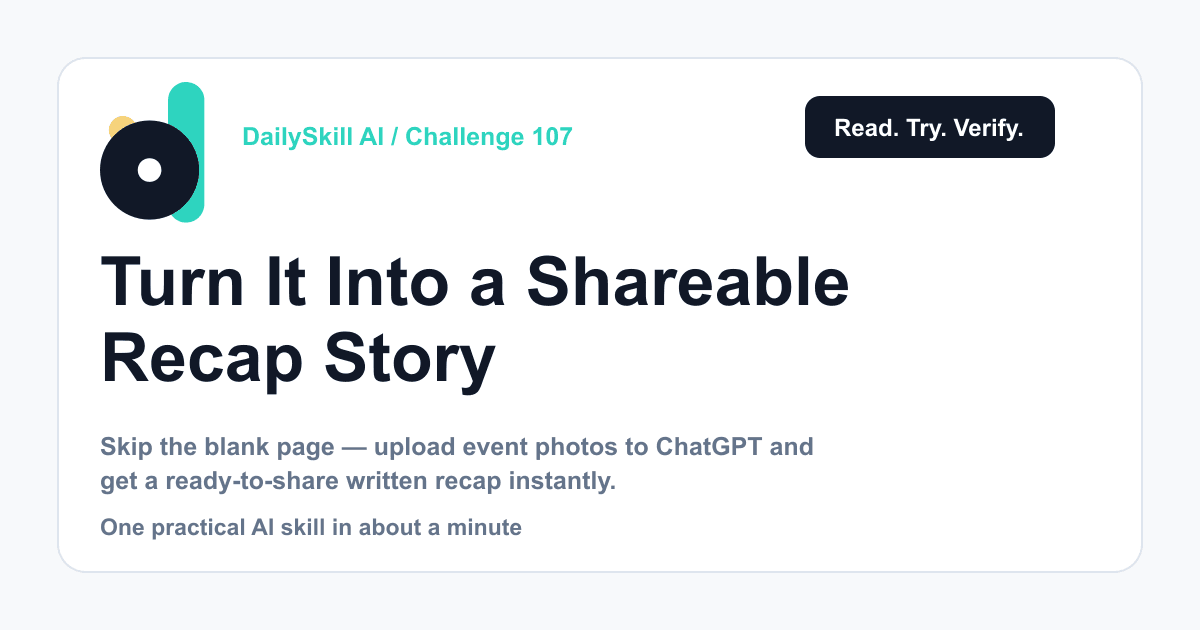 Turn Your Event Photos Into a Shareable Recap Story — DailySkill AI challenge card with an abstract brand illustration