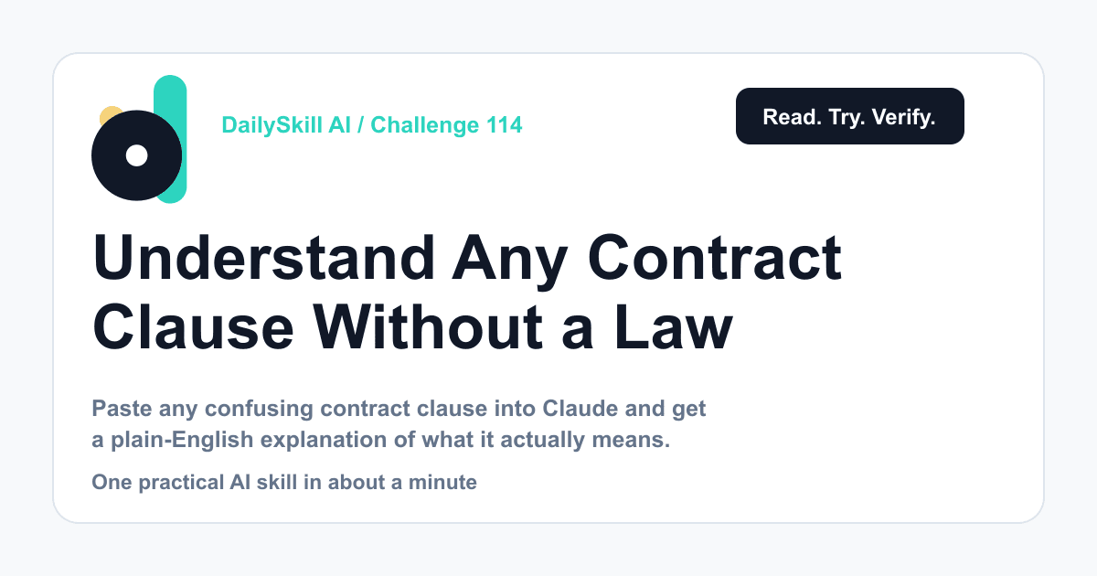 Understand Any Contract Clause Without a Law Degree — DailySkill AI challenge card with an abstract brand illustration