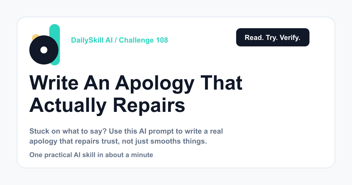 Write An Apology That Actually Repairs The Relationship — DailySkill AI challenge card with an abstract brand illustration