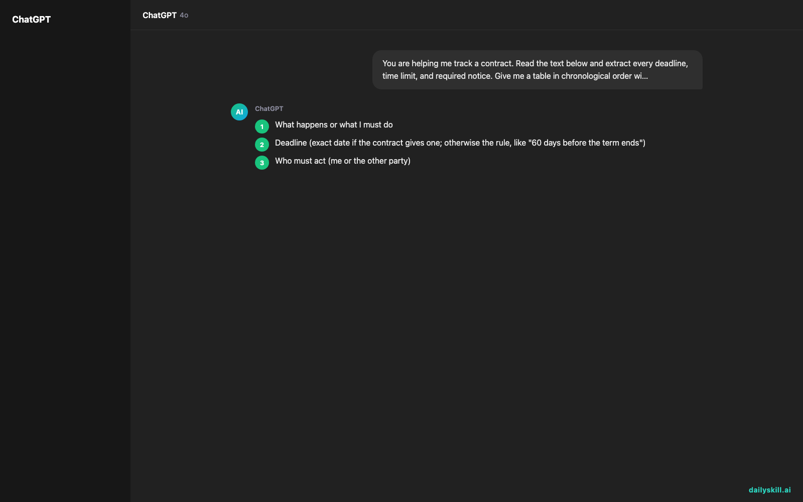 Turn a Long Contract into a Simple Deadline Calendar — Expected AI result visual