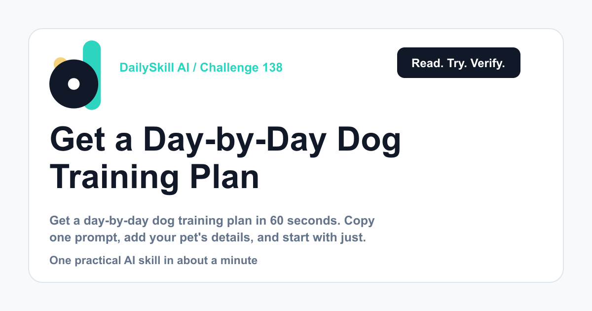 Get a Day-by-Day Dog Training Plan in 60 Seconds — DailySkill AI challenge card with an abstract brand illustration
