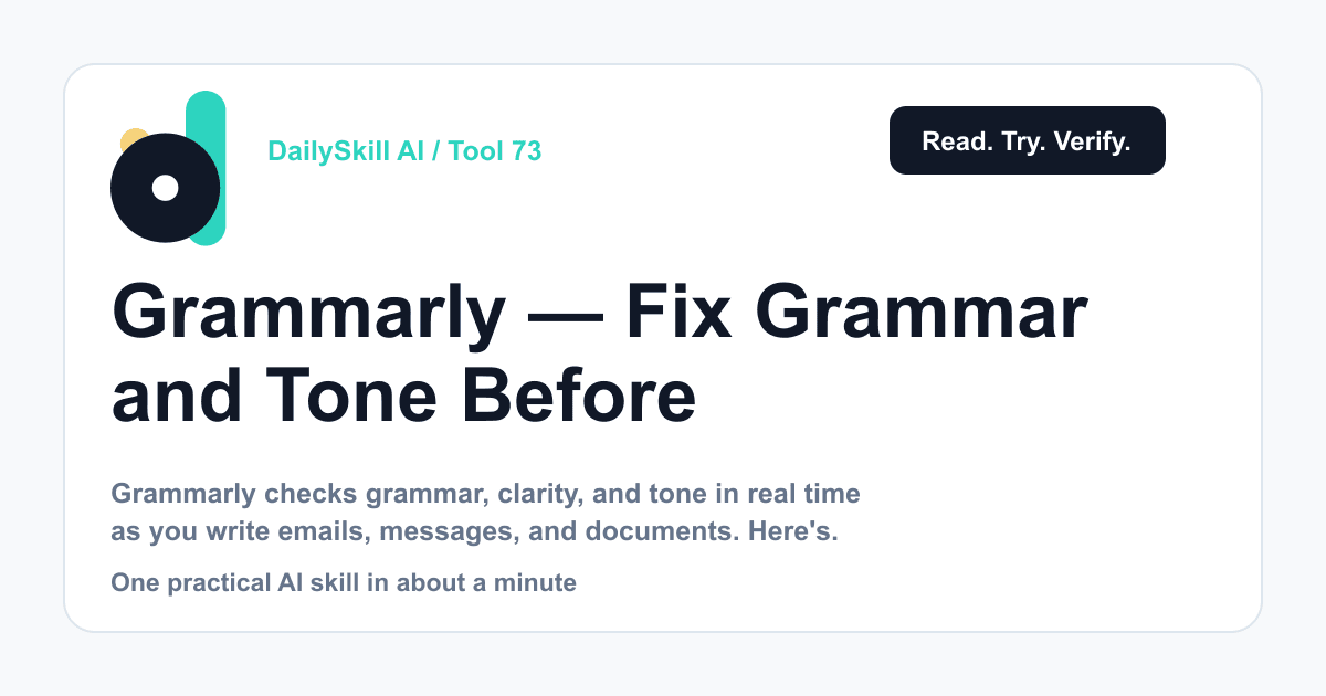 Grammarly — Fix Grammar and Tone Before You Hit Send — DailySkill AI challenge card with an abstract brand illustration