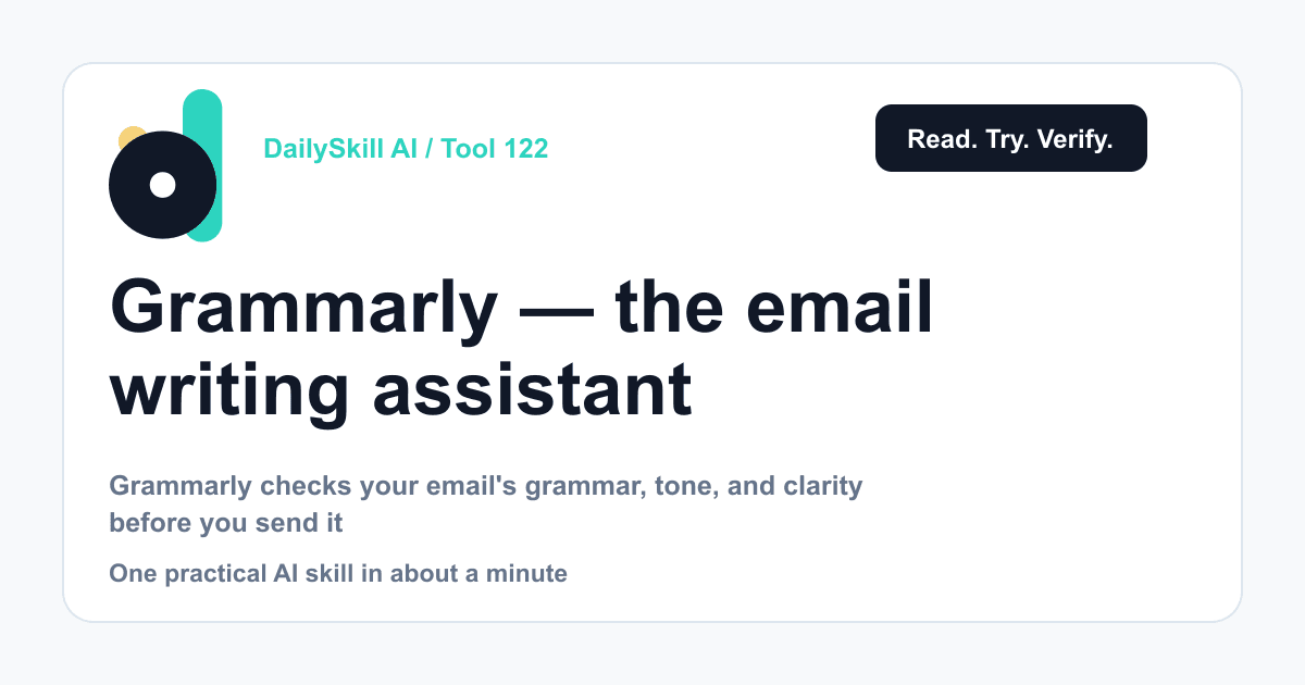 Grammarly — the email writing assistant that catches tone before you hit send — DailySkill AI challenge card with an abstract brand illustration