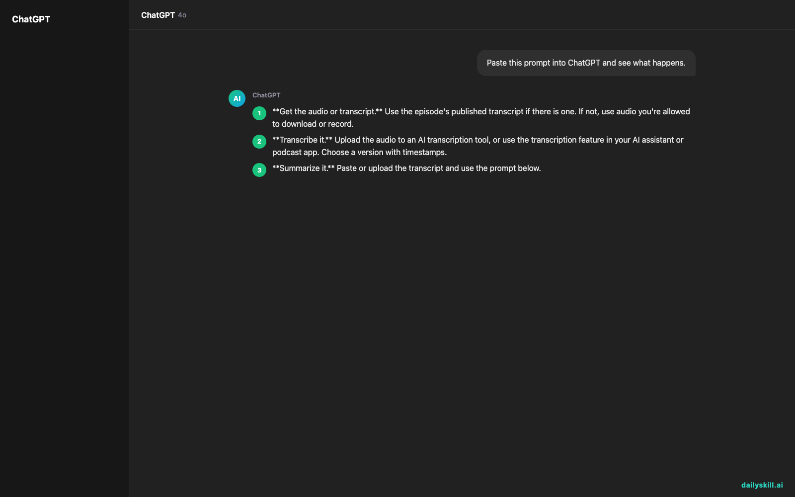 How do I use AI to transcribe and summarize podcast episodes? — Expected AI result visual