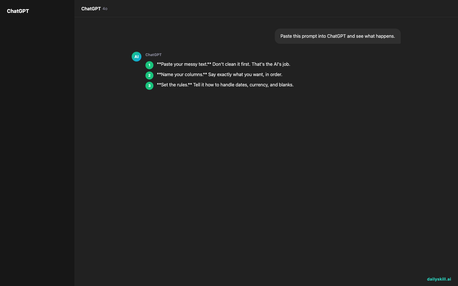 How do I get AI to format messy data into clean tables or CSVs? — Expected AI result visual