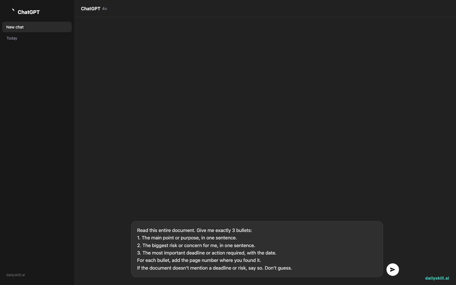 How do I turn a 50-page PDF into a 3-bullet summary with AI? — Prompt input visual