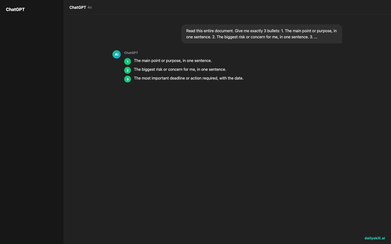How do I turn a 50-page PDF into a 3-bullet summary with AI? — Expected AI result visual